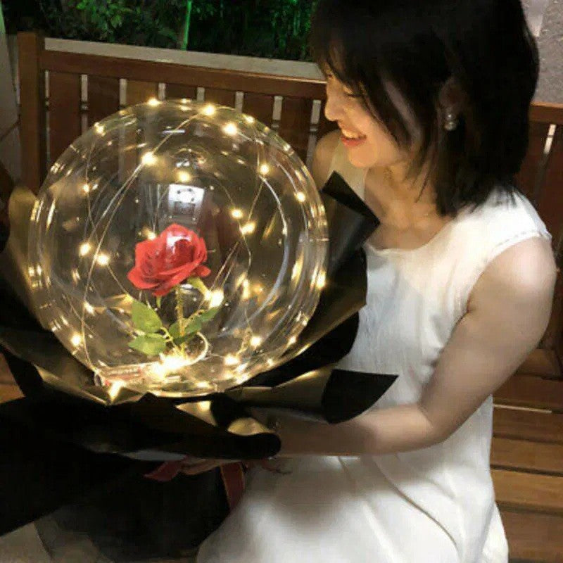Buchet Decorativ, Flippy, Trandafir in Balon cu Lumini Led, Diametru 35 cm, 2 x Baterii AA (neincluse), Rosu/Negru