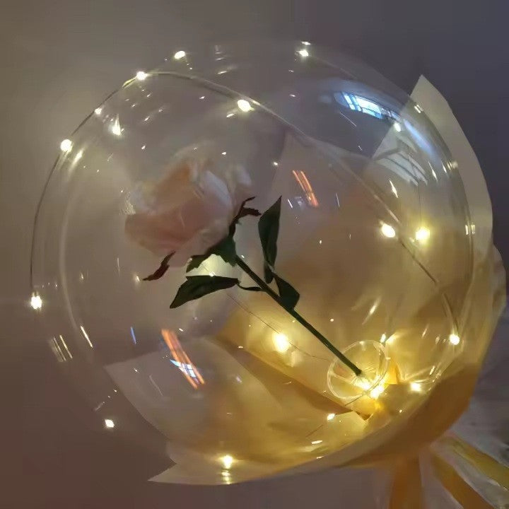 Buchet Decorativ, Flippy, Trandafir in Balon cu Lumini Led, Diametru 35 cm, 2 x Baterii AA (neincluse), Sampanie