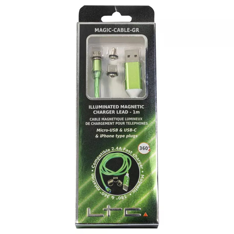 Cablu 1m 3in1 USB TYPE C iPhone Micro USB iluminat LED verde