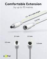 Cablu prelungitor DC 5.5/2.1 mufa - DC 5.5/2.1 soclu 10m 5A 2x0.5mm2 cupru drept alb Goobay 76677