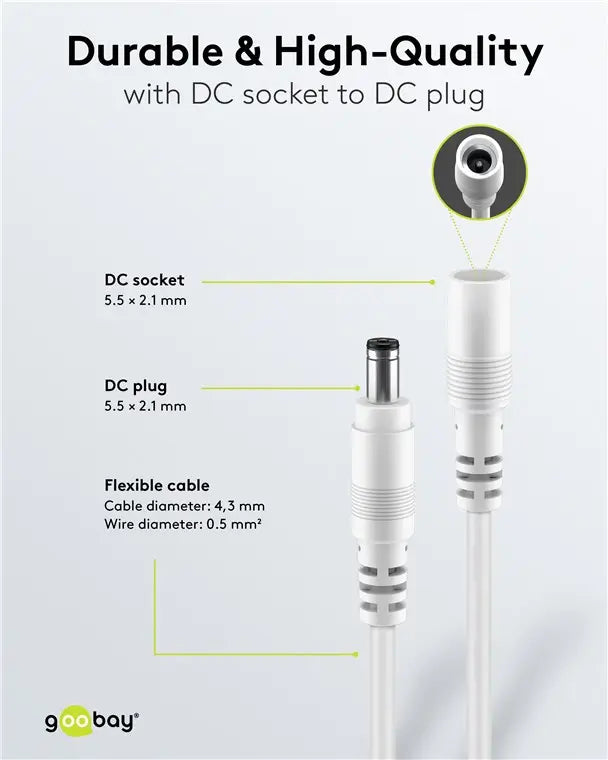Cablu prelungitor DC 5.5/2.1 mufa - DC 5.5/2.1 soclu 10m 5A 2x0.5mm2 cupru drept alb Goobay 76677