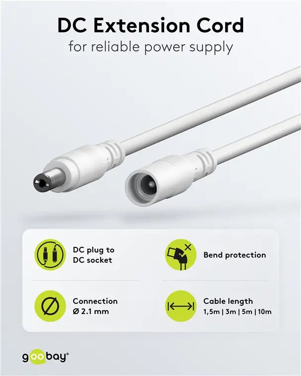 Cablu prelungitor DC 5.5/2.1 mufa - DC 5.5/2.1 soclu 5m 5A 2x0.5mm2 cupru drept alb Goobay 76676