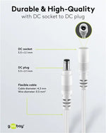 Cablu prelungitor DC 5.5/2.1 mufa - DC 5.5/2.1 soclu 5m 5A 2x0.5mm2 cupru drept alb Goobay 76676