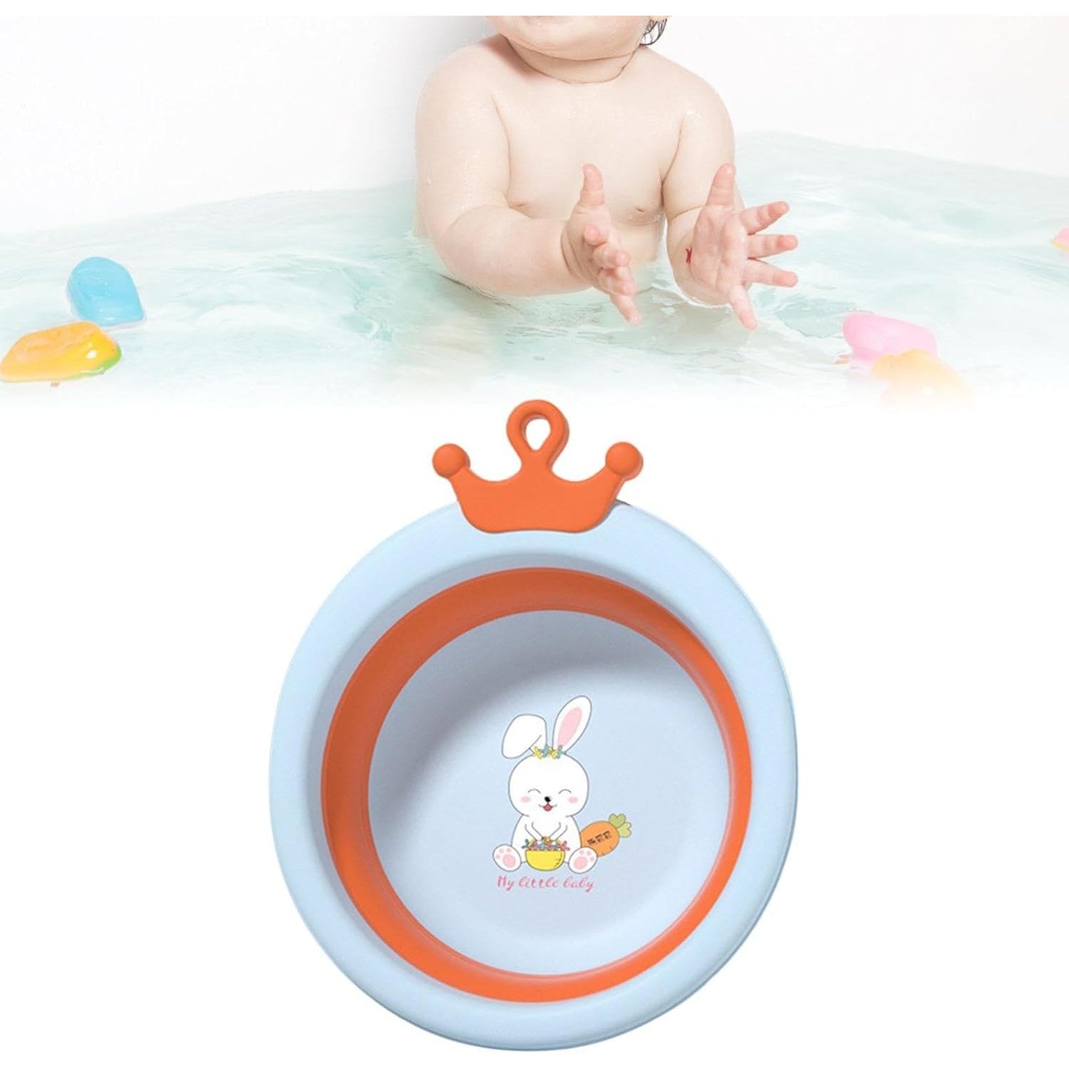 Cada Pliabila pentru Baie pentru Copii, Flippy, Cadita pentru Bebelusi, Model Rotund cu Iepuras, Blue, 30x31x3.5 cm,