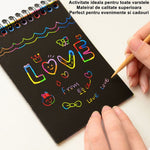 Caiet cu fise razuibile Flippy, DIY Magic Scratch, 12 File, Curcubeu, Creion din Lemn, Cartonase negre, 14.5 x 10 cm,
