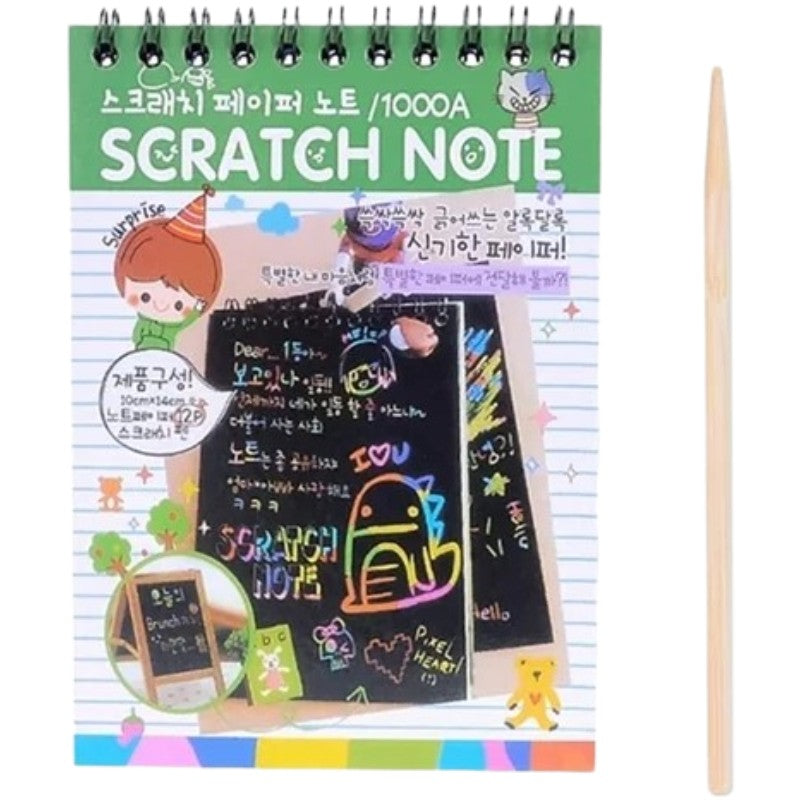 Caiet cu fise razuibile Flippy, DIY Magic Scratch, 12 File, Curcubeu, Creion din Lemn, Cartonase negre, 14.5 x 10 cm,
