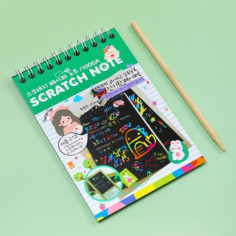 Caiet cu fise razuibile Flippy, DIY Magic Scratch, 12 File, Curcubeu, Creion din Lemn, Cartonase negre, 14.2 x 9.8 cm,