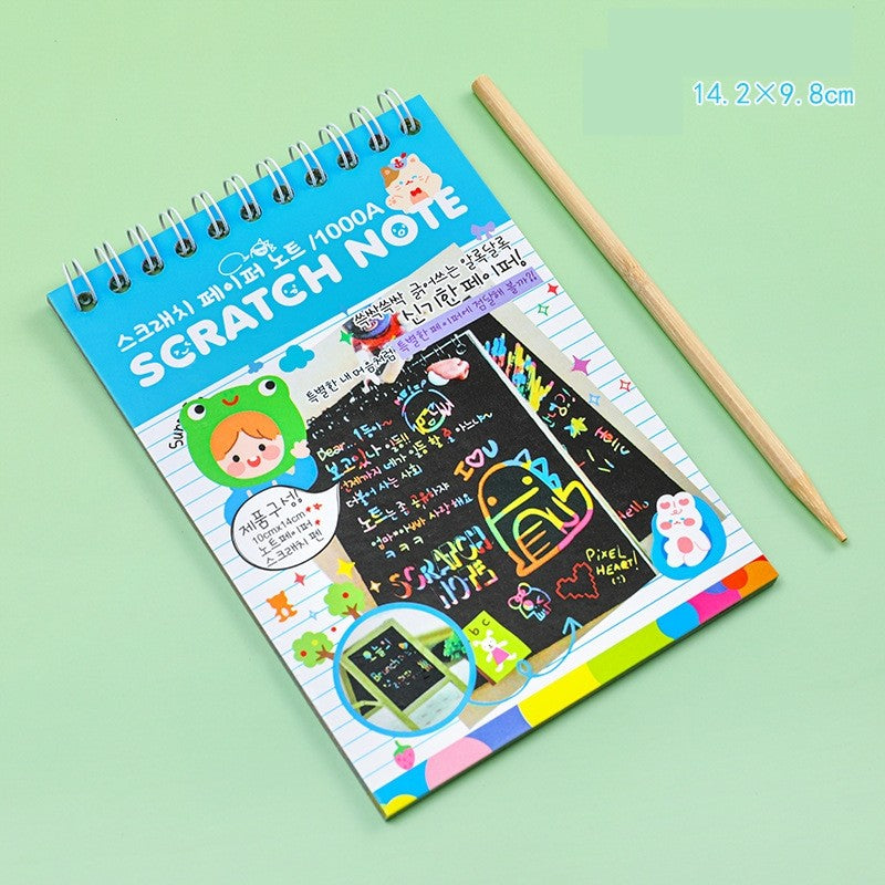 Caiet cu fise razuibile Flippy, DIY Magic Scratch, 12 File, Curcubeu, Creion din Lemn, Cartonase negre, 14.2 x 9.8 cm,