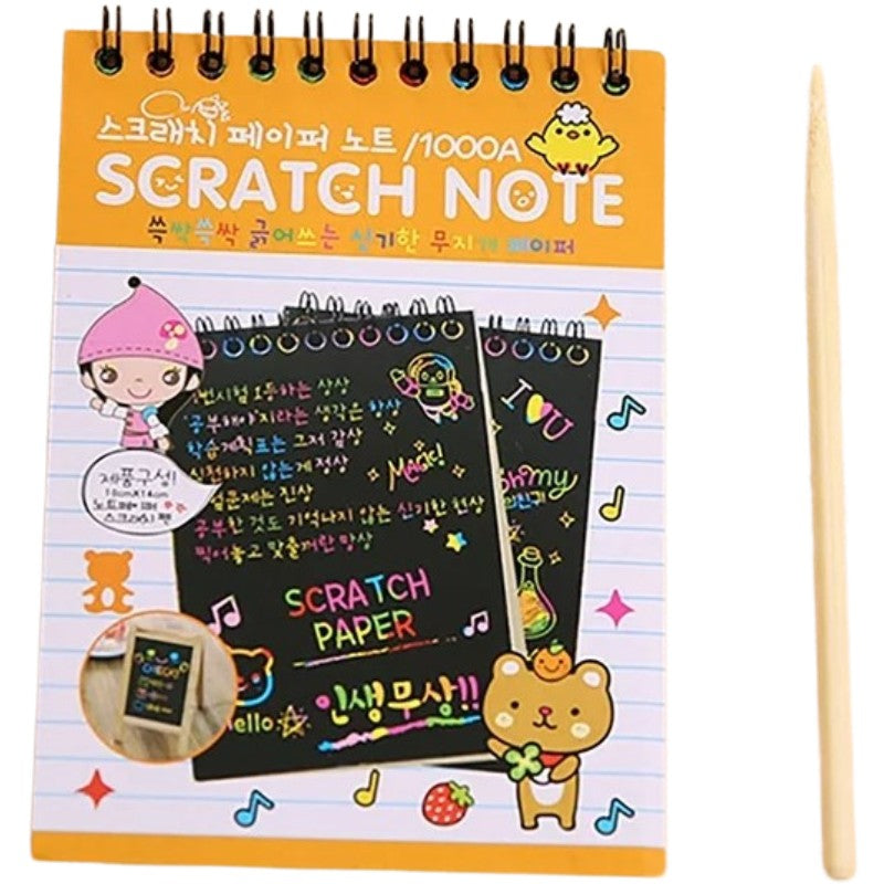 Caiet cu fise razuibile Flippy, DIY Magic Scratch, 12 File, Curcubeu, Creion din Lemn, Cartonase negre, 14.5 x 10 cm,