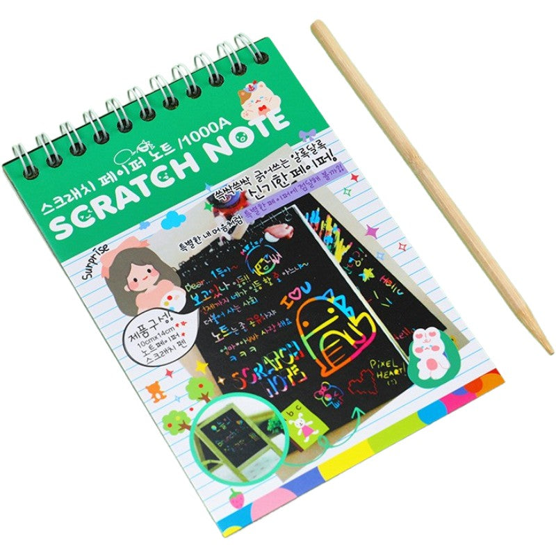 Caiet cu fise razuibile Flippy, DIY Magic Scratch, 12 File, Curcubeu, Creion din Lemn, Cartonase negre, Verde Deschis,