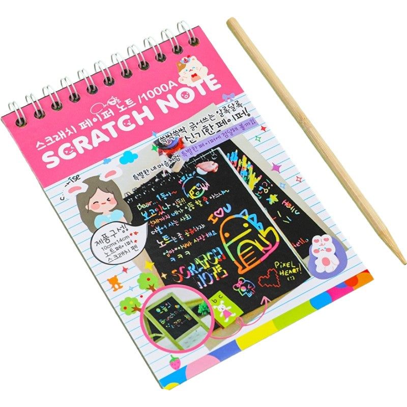 Caiet cu fise razuibile Flippy, DIY Magic Scratch, 12 File, Curcubeu, Creion din Lemn, Cartonase negre, 14.2 x 9.8 cm,