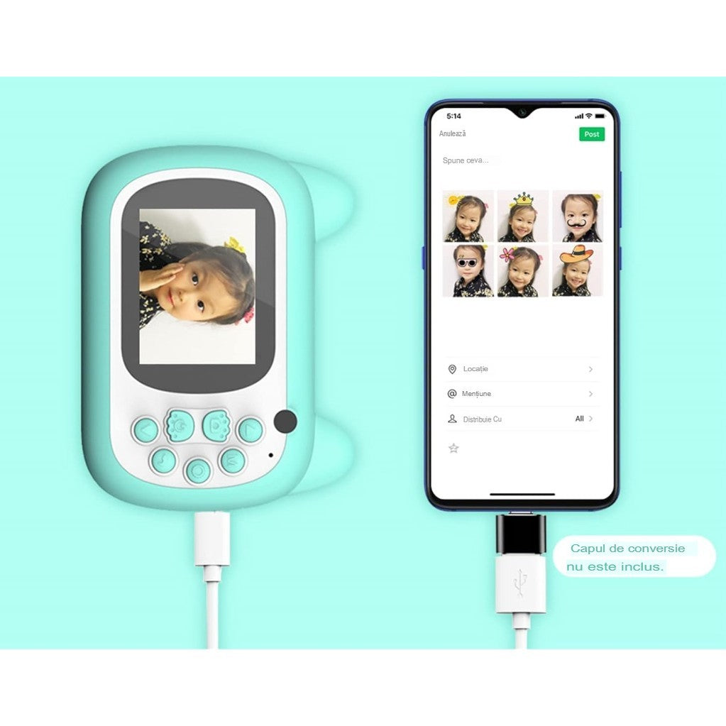 Camera Instantanee pentru Copii, Flippy, Camera Frontala + Selfie, cu Functie de Printare, Cablu USB-C, Bluetooth,