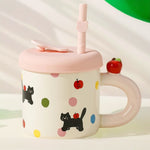 Cana din Ceramica cu Capac si Pai, Flippy, Capacul si Paiul din Silicon Roz, 9x8.5 cm, Model Cute B, Capacitate 380ml