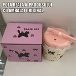 Cana din Ceramica cu Capac si Pai, Flippy, Capacul si Paiul din Silicon Roz, 9x8.5 cm, Model Cute C, Capacitate 380ml