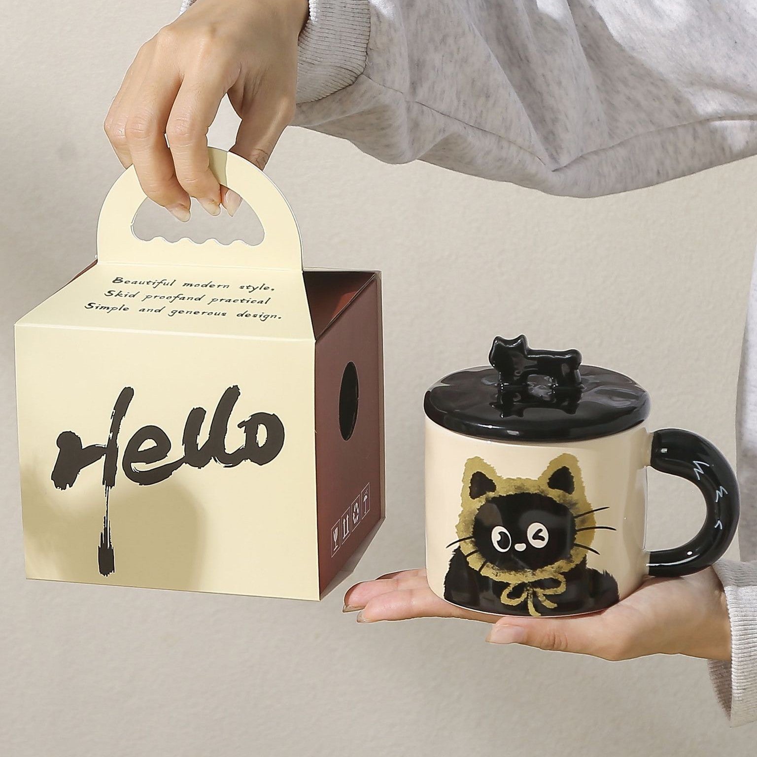 Cana din Ceramica, Flippy, Model in Cutie pentru Cadou, Cana pentru Ceai, Cafea, Cana Retro Design Capac cu Figurina