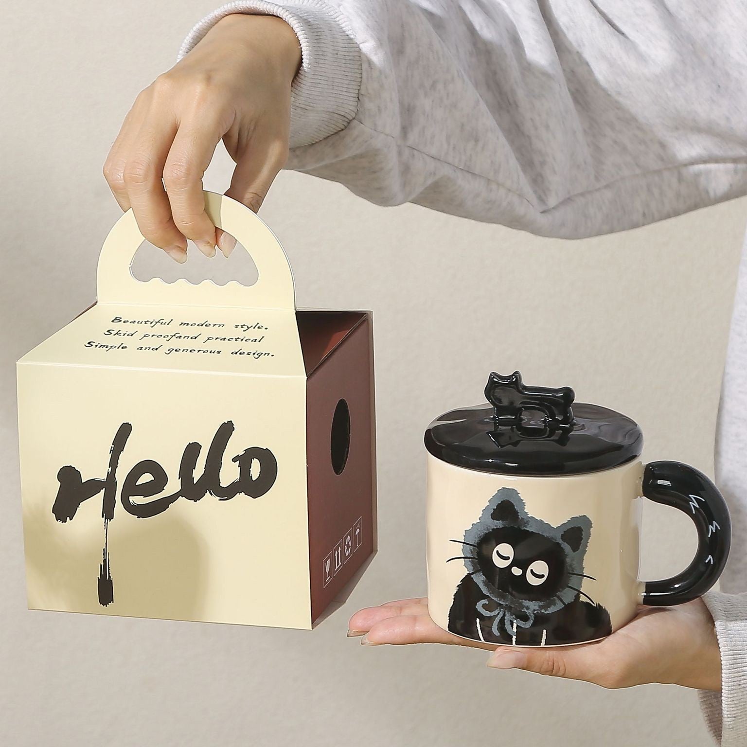 Cana din Ceramica, Flippy, Model in Cutie pentru Cadou, Cana pentru Ceai, Cafea, Cana Retro Design Capac cu Figurina