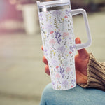 Cana Termos din Plastic, Flippy, pentru Bauturi Calde si Reci, cu Maner, Imprimeu Floral, Alb, 10x7.6x27.5 cm