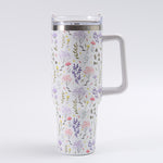 Cana Termos din Plastic, Flippy, pentru Bauturi Calde si Reci, cu Maner, Imprimeu Floral, Alb, 10x7.6x27.5 cm