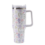 Cana Termos din Plastic, Flippy, pentru Bauturi Calde si Reci, cu Maner, Imprimeu Floral, Alb, 10x7.6x27.5 cm