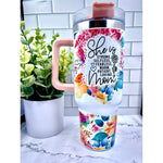 Cana Termos din Plastic, Flippy, pentru Bauturi Calde si Reci, cu Maner, Imprimeu Floral, cu Mesaj pentru Mama, Alb,