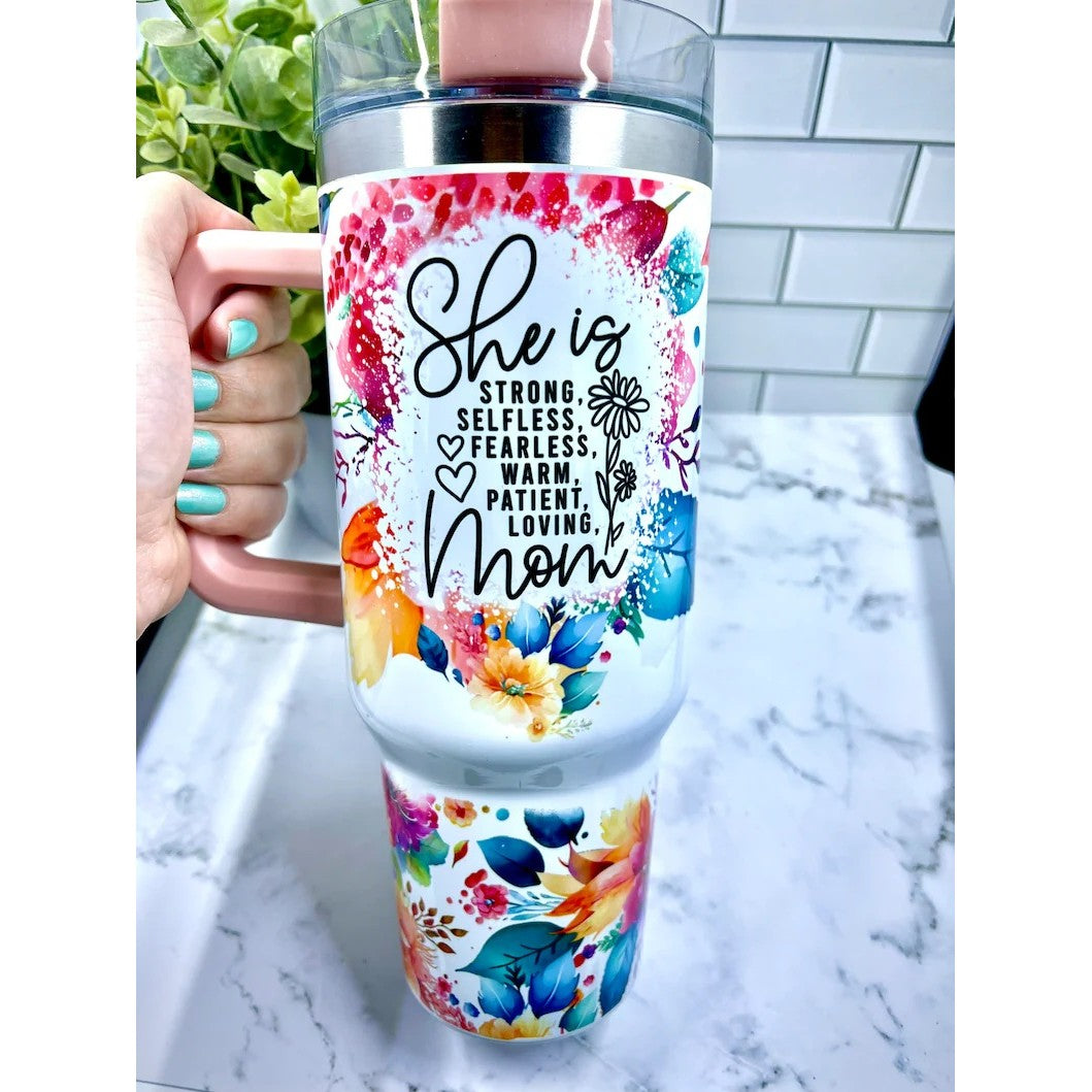 Cana Termos din Plastic, Flippy, pentru Bauturi Calde si Reci, cu Maner, Imprimeu Floral, cu Mesaj pentru Mama, Alb,
