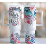 Cana Termos din Plastic, Flippy, pentru Bauturi Calde si Reci, cu Maner, Imprimeu Floral, cu Mesaj pentru Mama, Alb,