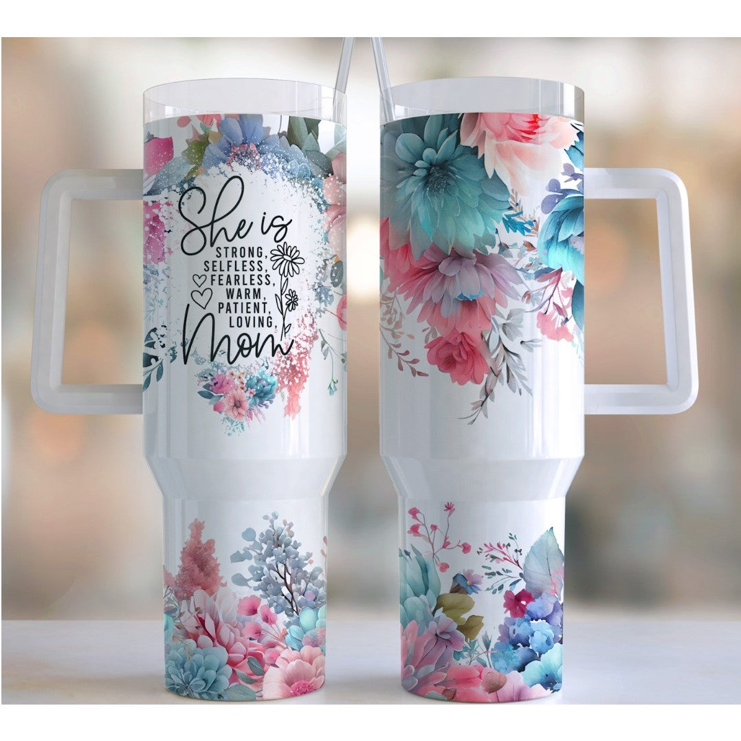Cana Termos din Plastic, Flippy, pentru Bauturi Calde si Reci, cu Maner, Imprimeu Floral, cu Mesaj pentru Mama, Alb,