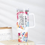 Cana Termos din Plastic, Flippy, pentru Bauturi Calde si Reci, cu Maner, Imprimeu Floral, cu Mesaj pentru Mama, Alb,