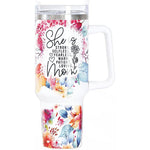 Cana Termos din Plastic, Flippy, pentru Bauturi Calde si Reci, cu Maner, Imprimeu Floral, cu Mesaj pentru Mama, Alb,