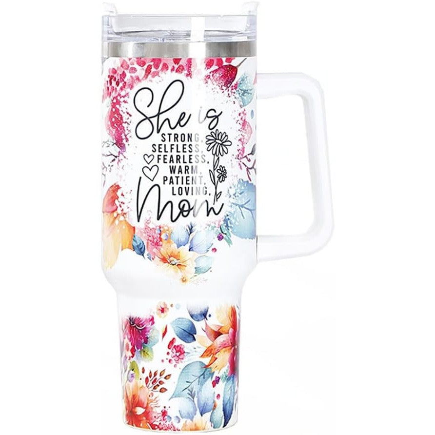Cana Termos din Plastic, Flippy, pentru Bauturi Calde si Reci, cu Maner, Imprimeu Floral, cu Mesaj pentru Mama, Alb,