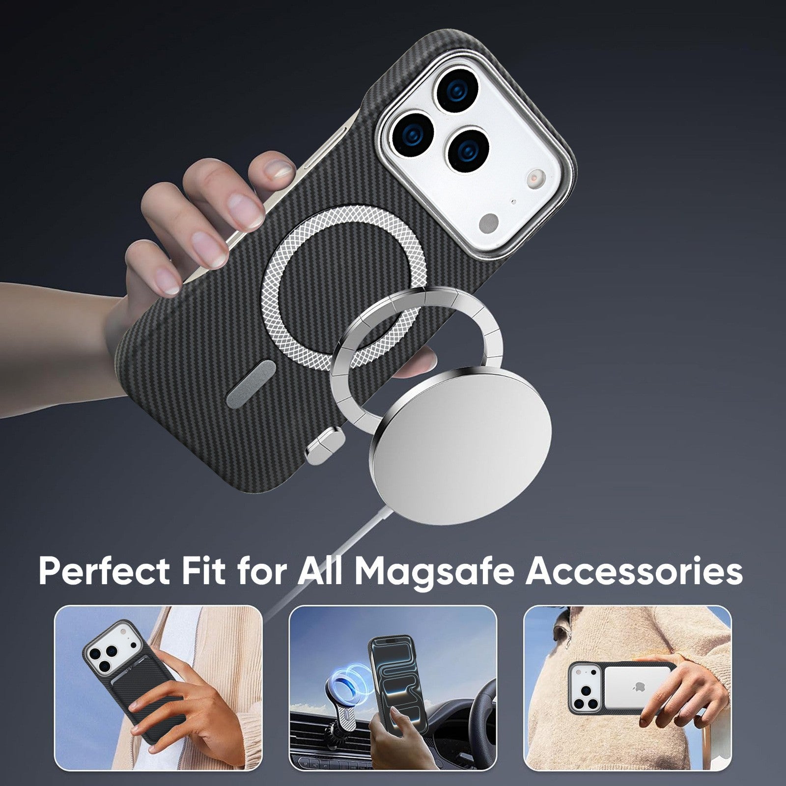 Husa MagSafe pentru iPhone 17, Flippy, Suport Card Detasabil, Carcasa pentru Telefon, Textura Fibra de Carbon, Business