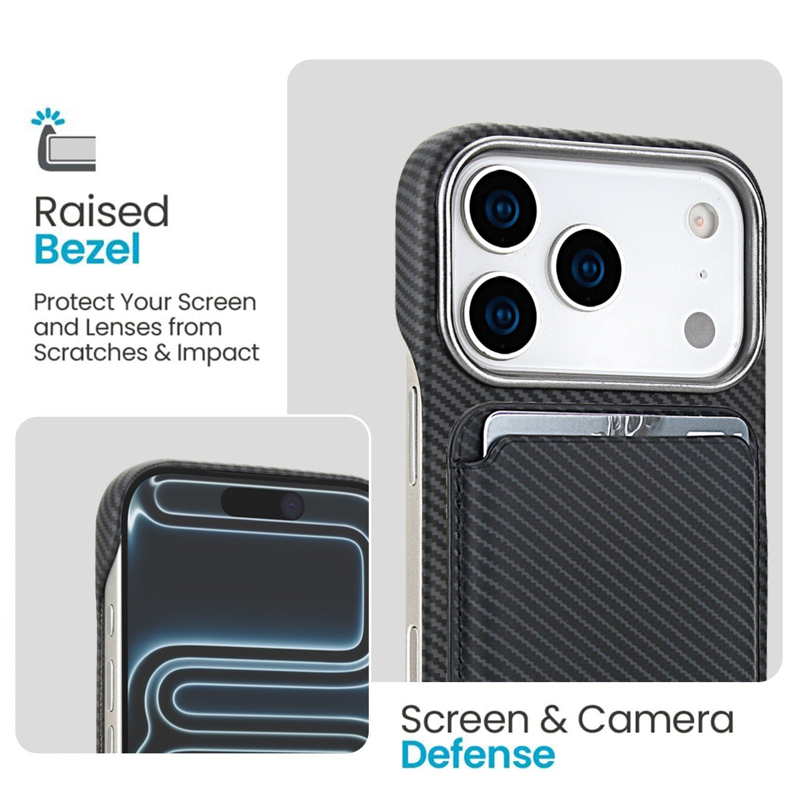 Husa MagSafe pentru iPhone 17, Flippy, Suport Card Detasabil, Carcasa pentru Telefon, Textura Fibra de Carbon, Business