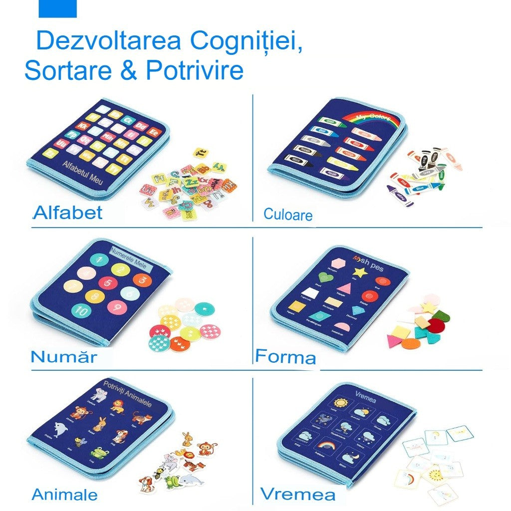 Carte Senzoriala Educativa Montessori, Flippy, Dezvoltare Abilitati Motorii, 5 Pagini, Model Dinozauri, 28x22x7 cm,
