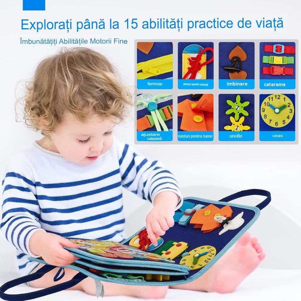 Carte Senzoriala Educativa Montessori, Flippy, Dezvoltare Abilitati Motorii, 5 Pagini, Model Dinozauri, 28x22x7 cm,