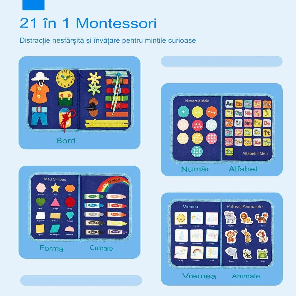Carte Senzoriala Educativa Montessori, Flippy, Dezvoltare Abilitati Motorii, 5 Pagini, Model Dinozauri, 28x22x7 cm,