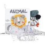 Carte Senzoriala, Flippy, pentru Bebelusi, 15x16x6 cm, cu Animalute, 3D, Cu Sunete si Fosnete, 0-3 Ani, Model Leu, Gri