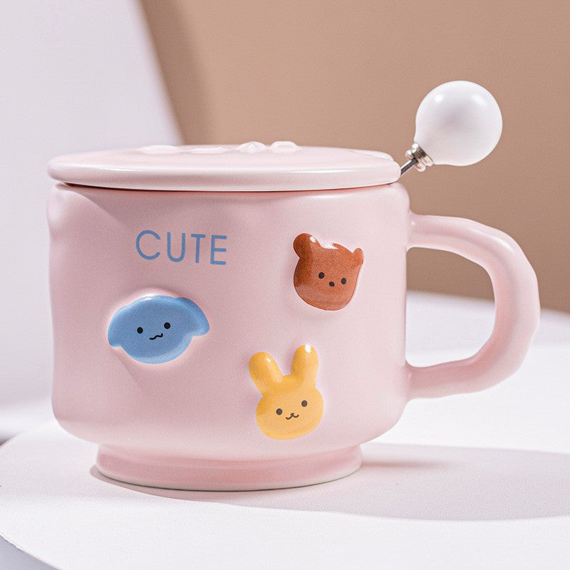 Cana ceramica, Flippy, din Portelan, print Figurine Animalute, Cana penru Copii, Model CUTE, Cana cu Lingura si Capac,