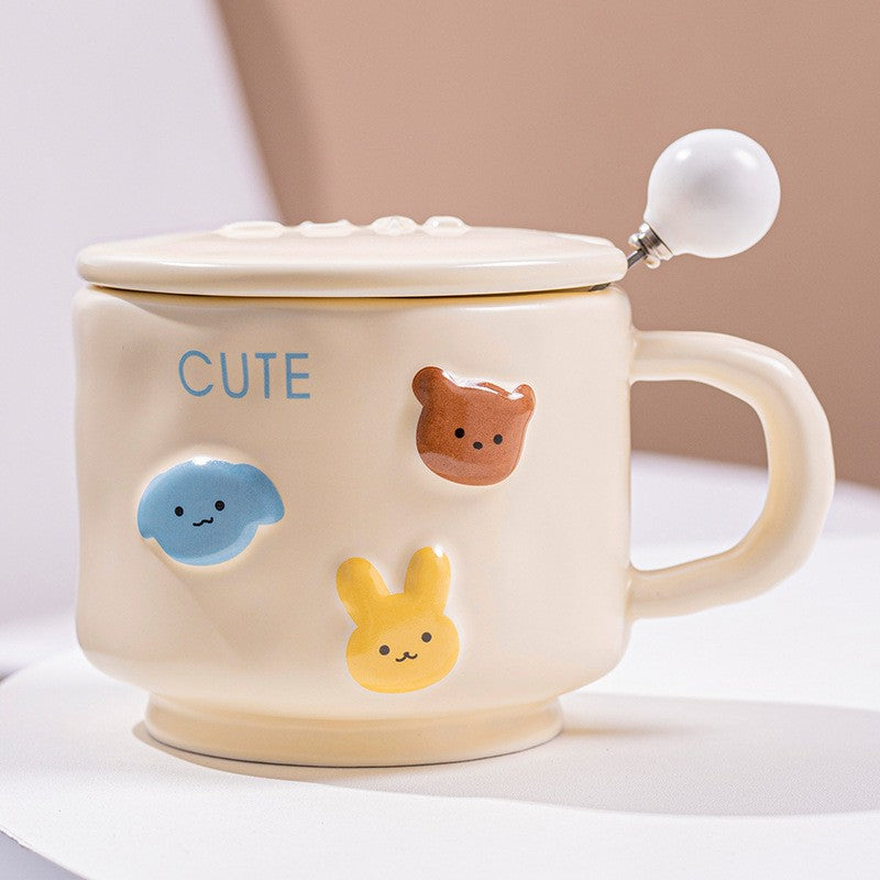 Cana ceramica, Flippy, din Portelan, print Figurine Animalute, Cana penru Copii, Model CUTE, Cana cu Lingura si Capac,