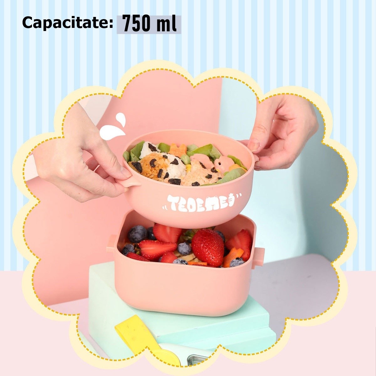 Caserola pentru copii Flippy, lunch box, 750 ml, doua boluri, lingura, foarfeca din plastic, rezistenta la scurgeri, Roz