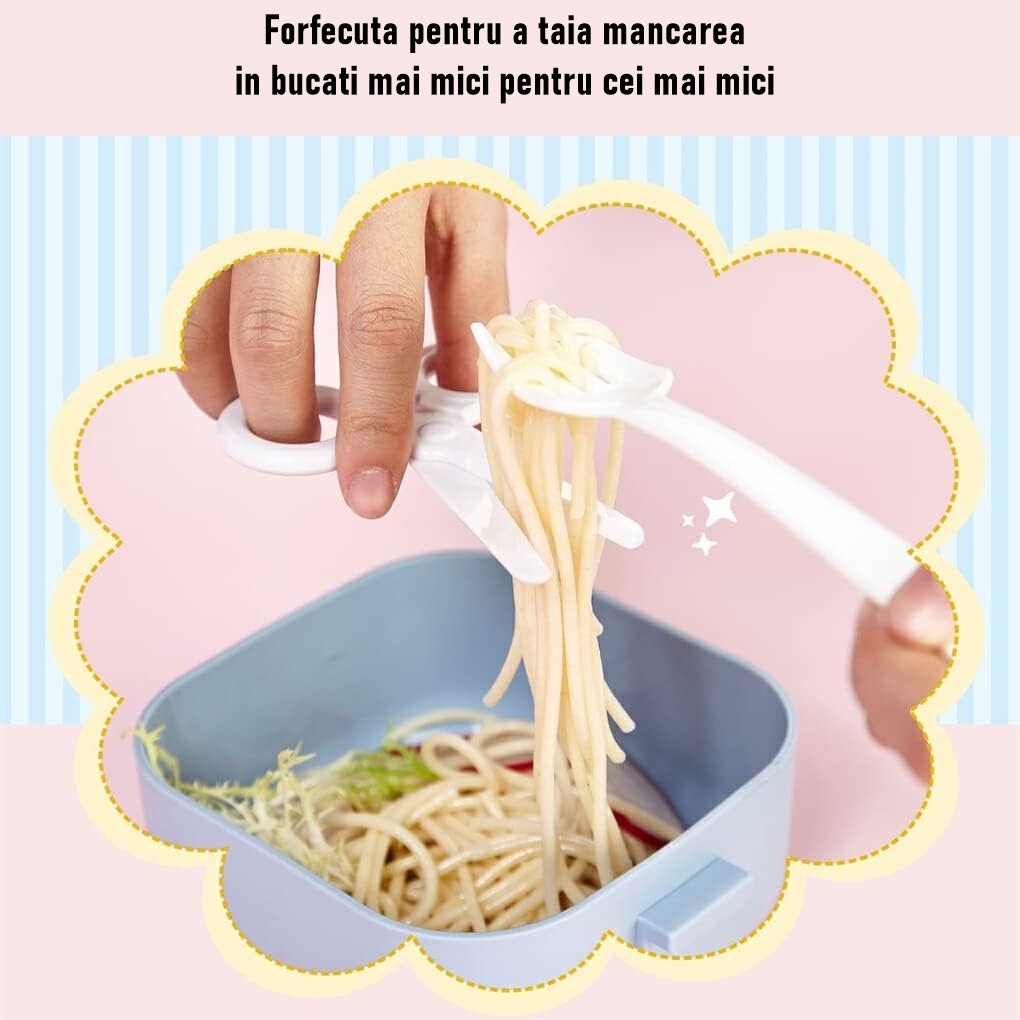 Caserola pentru copii Flippy, lunch box, 750 ml, doua boluri, lingura, foarfeca din plastic, rezistenta la scurgeri,