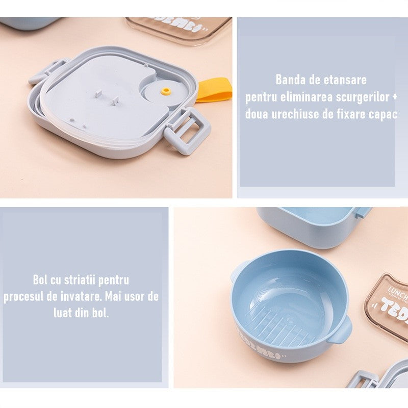 Caserola pentru copii Flippy, lunch box, 750 ml, doua boluri, lingura, foarfeca din plastic, rezistenta la scurgeri,