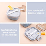 Caserola pentru copii Flippy, lunch box, 750 ml, doua boluri, lingura, foarfeca din plastic, rezistenta la scurgeri,