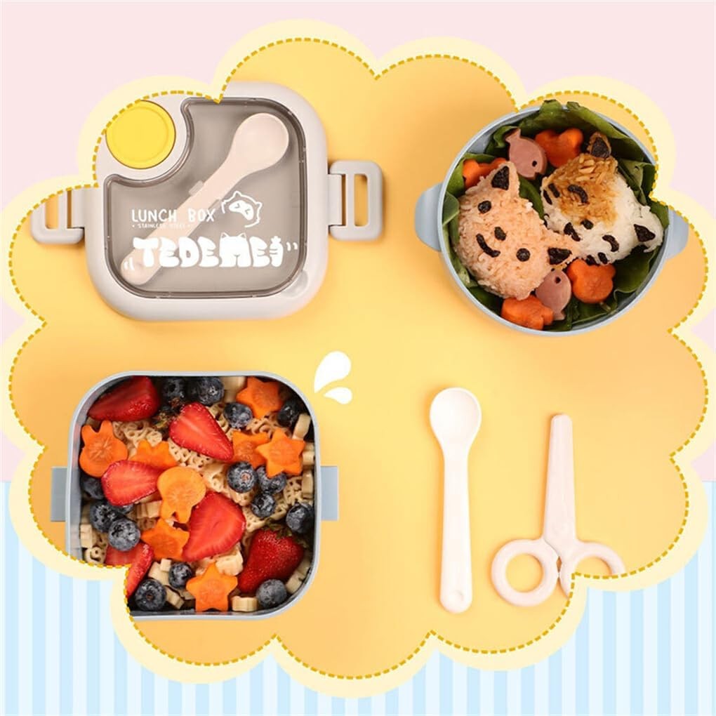 Caserola pentru copii Flippy, lunch box, 750 ml, doua boluri, lingura, foarfeca din plastic, rezistenta la scurgeri,