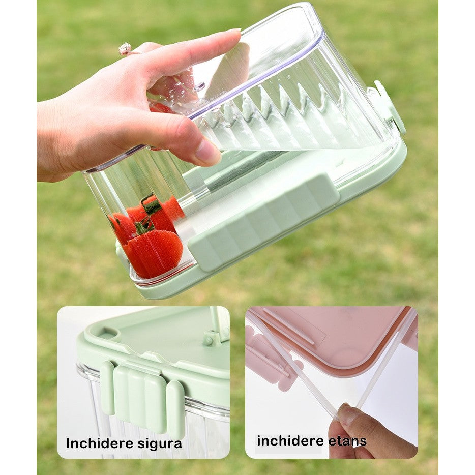 Caserola portabila pentru mancare fresh Flippy, 1500 ml, 2 furculite,10 x 13.5 x 20 cm, 2 capace detasabile pentru