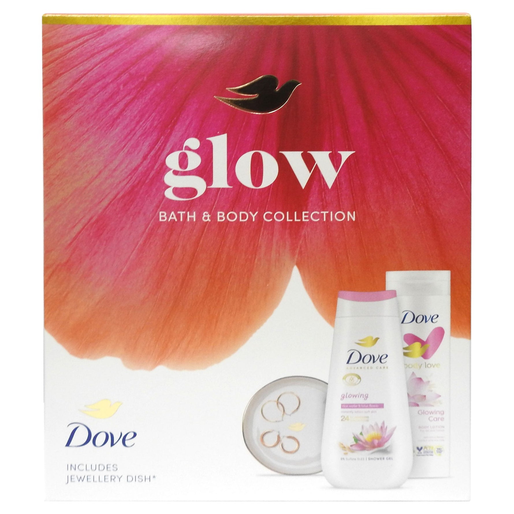 Caseta Cadou, Dove, Gel de Dus 225 ml, Lotiune de Corp 250 ml, Jewellery Dish Glow