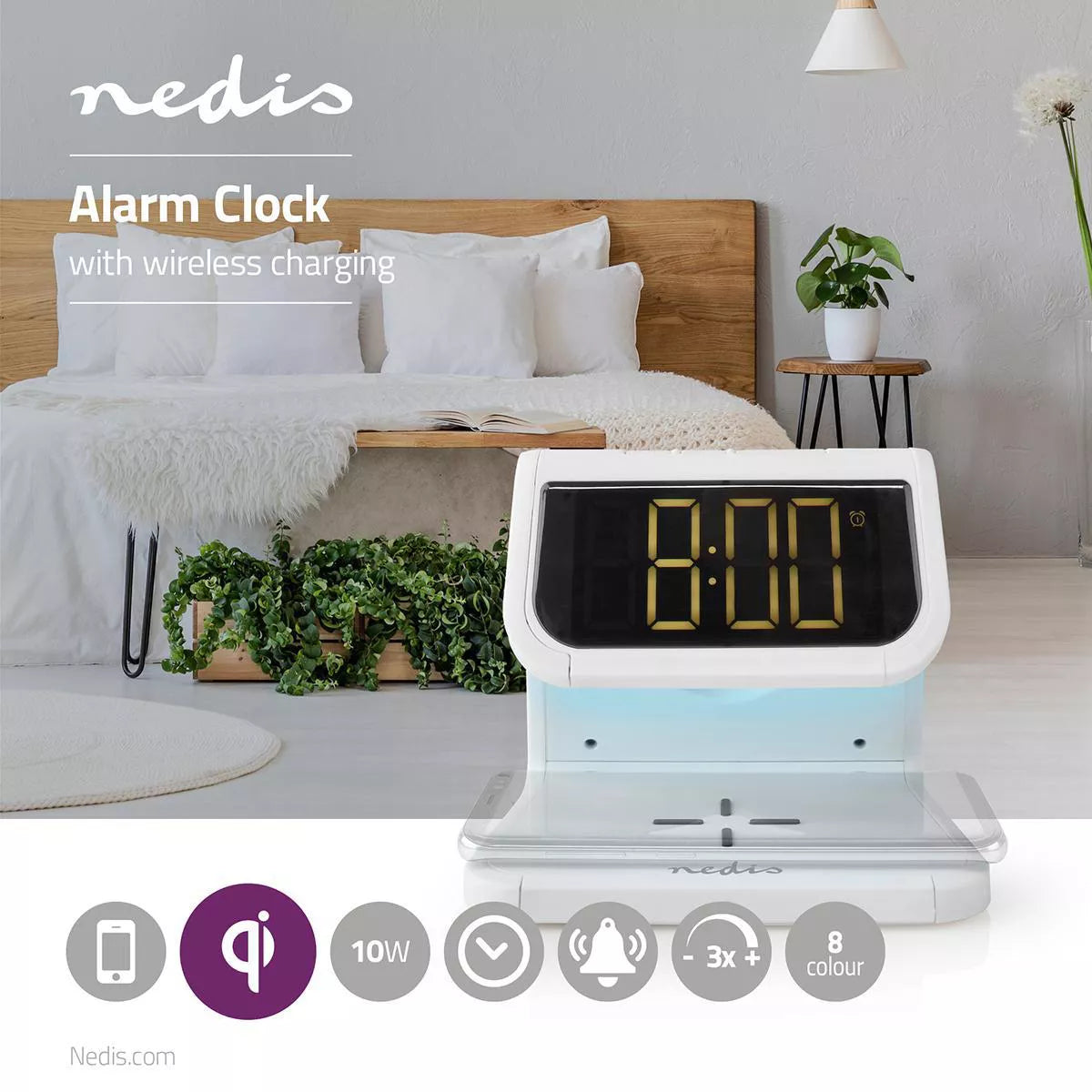 Ceas cu alarma Nedis incarcator wireless Qi lumina multicolora alb