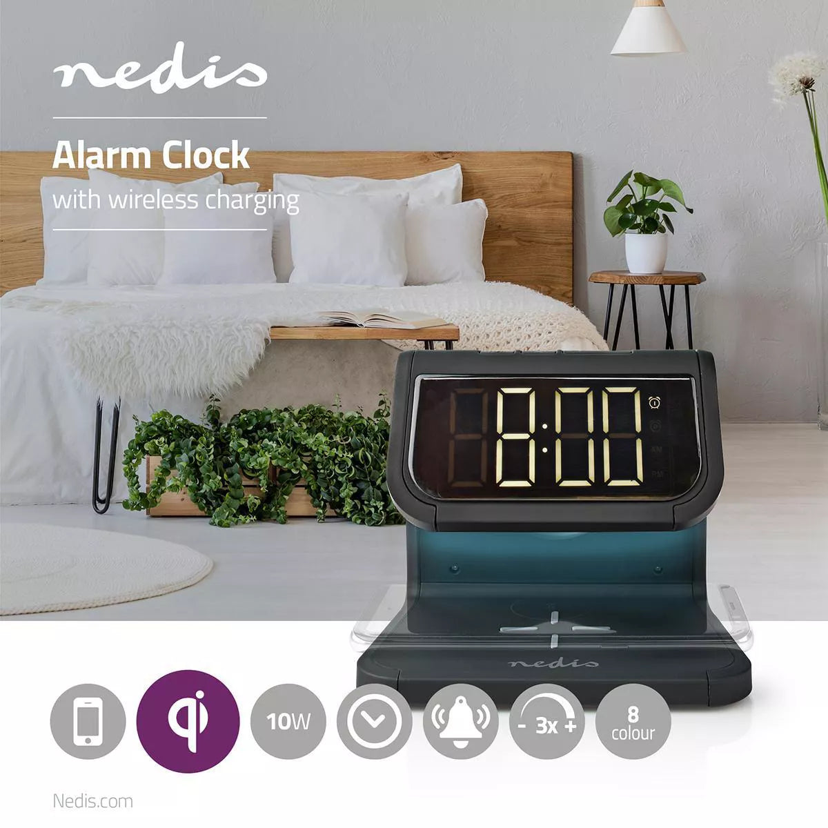Ceas cu alarma Nedis incarcator wireless Qi lumina multicolora negru