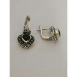 Cercei Argint 925 Inimi cu Marcasite si Piatra Neagra
