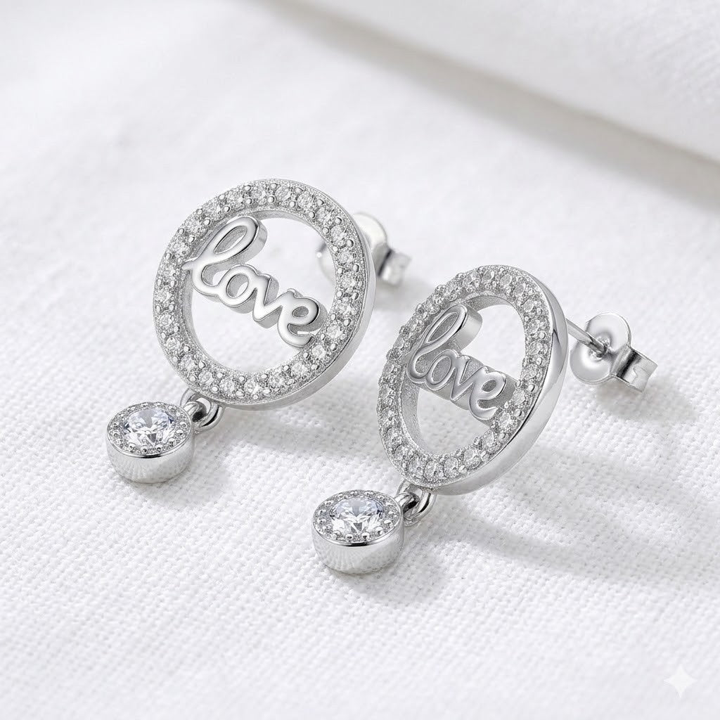 Cercei din Argint 925, Jolie Silver, pentru Dama, Model Love in Cerc cu Cristale, 1.74 g, Design Minimalist Elegant,