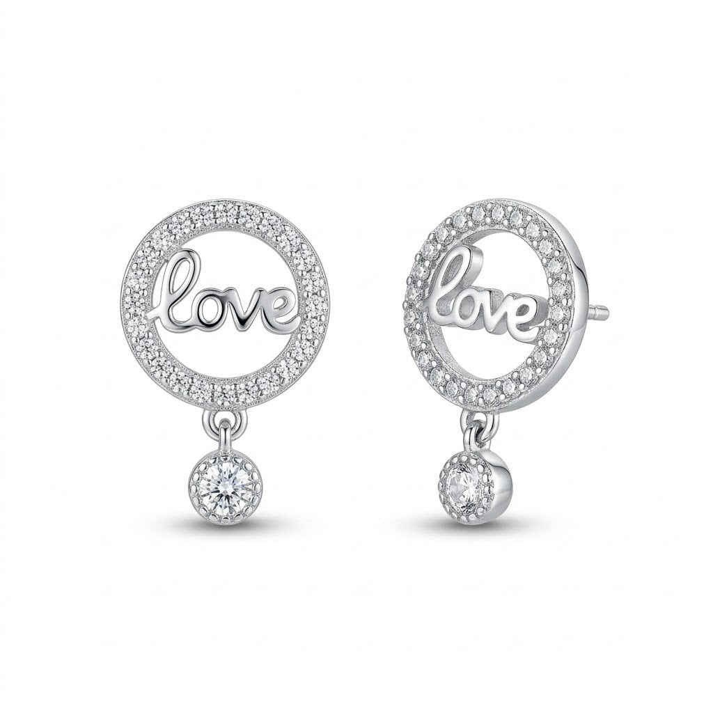 Cercei din Argint 925, Jolie Silver, pentru Dama, Model Love in Cerc cu Cristale, 1.74 g, Design Minimalist Elegant,